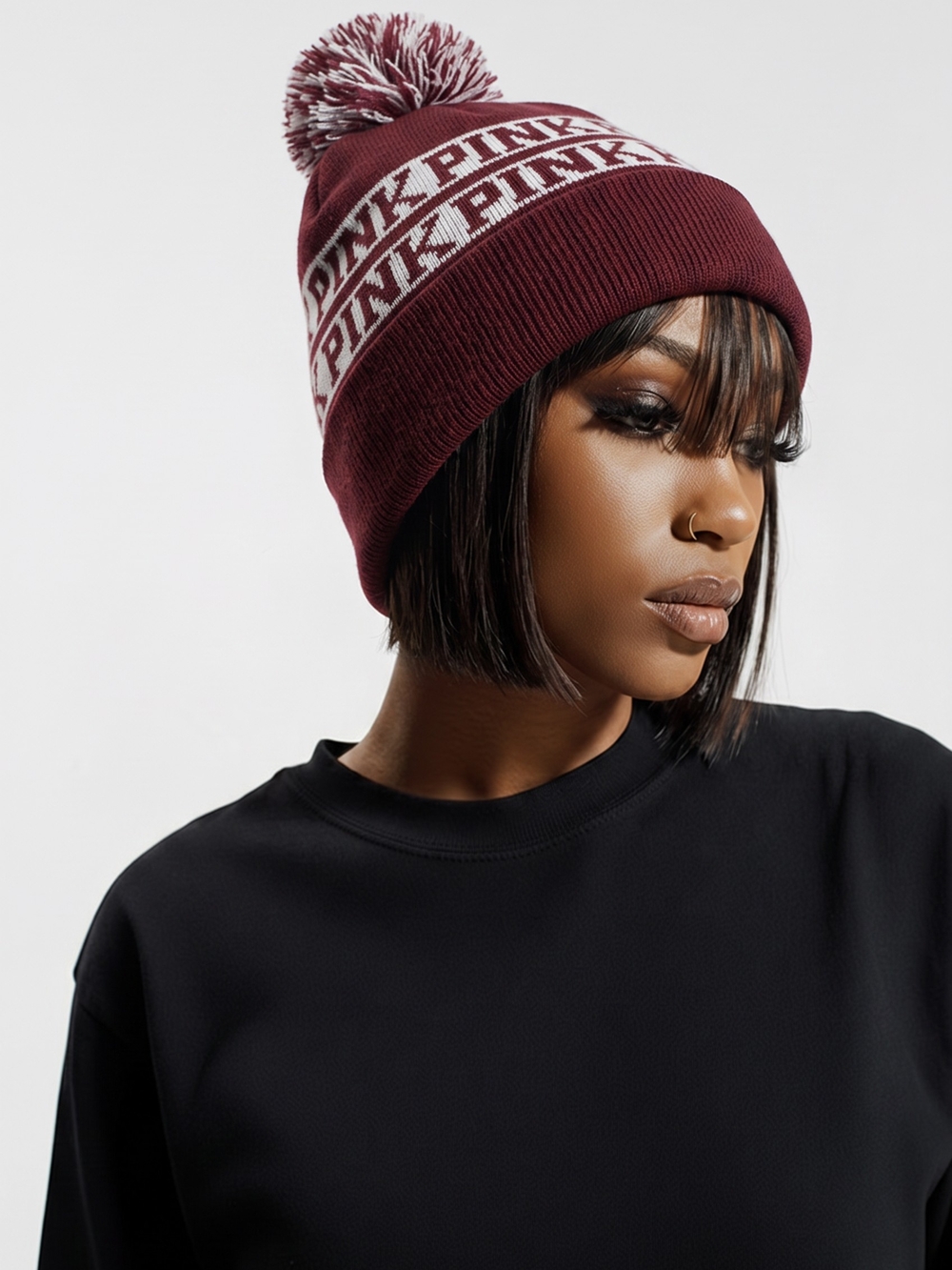 PINK Victoria's Secret Maroon and White Pom Pom Beanie